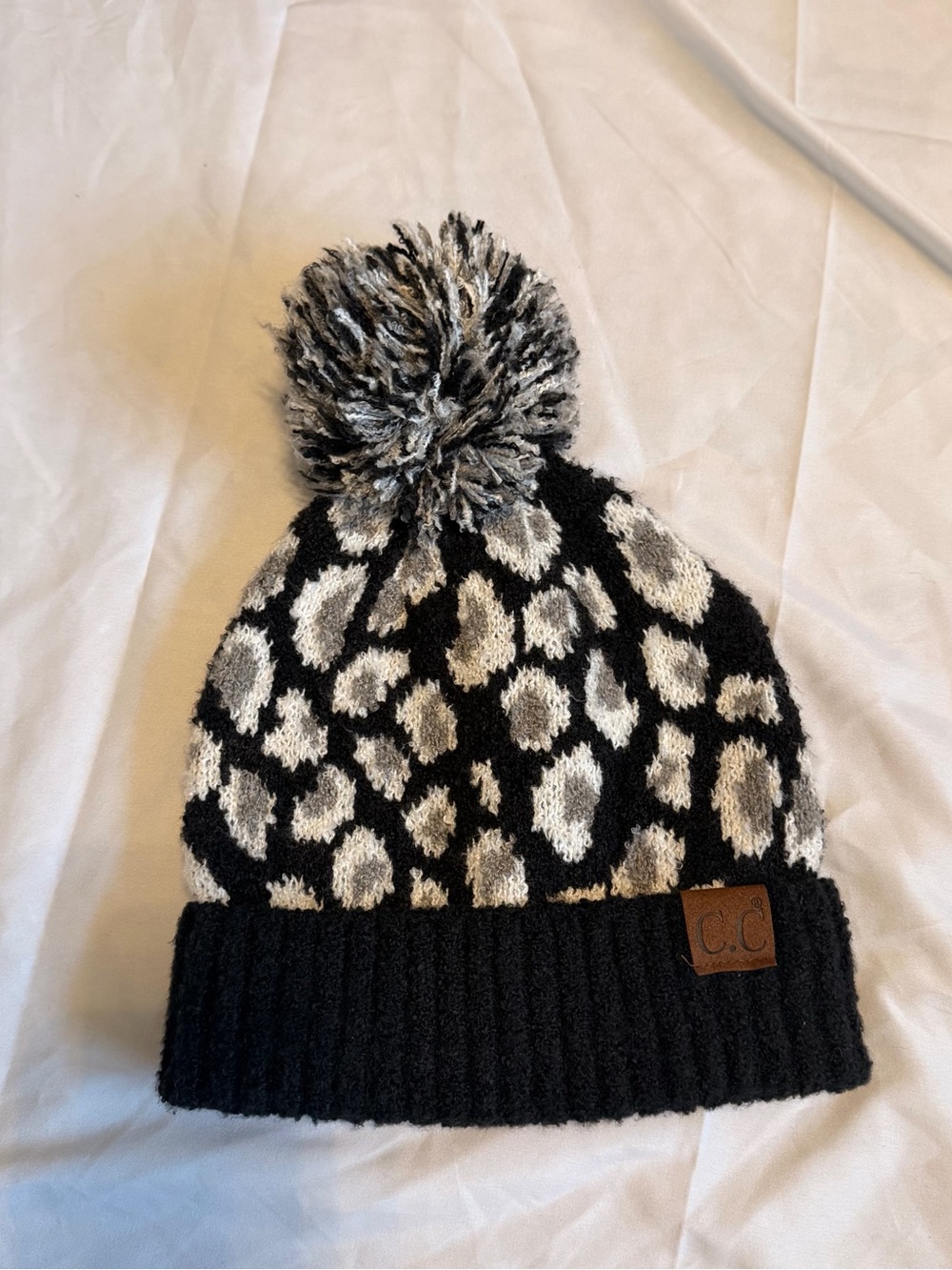C.C Black & Cream Leopard Pom Beanie